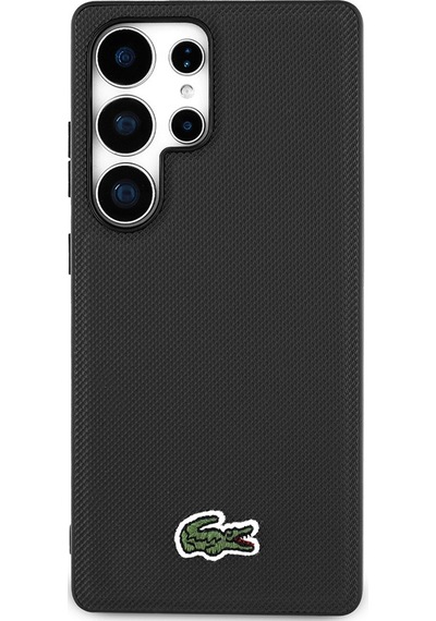 Galaxy Uyumlu S25 Ultra Kılıf Lacoste Lisanslı Pu Pike Desenli İkonik Timsah Dokuma Logolu Kapak Siyah