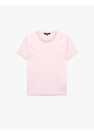 Koton Regular Fit Boncuklu Bisiklet Yaka Kısa Kollu Viskon Triko Kazak Pembe 7wak90135ht Gülkurusu