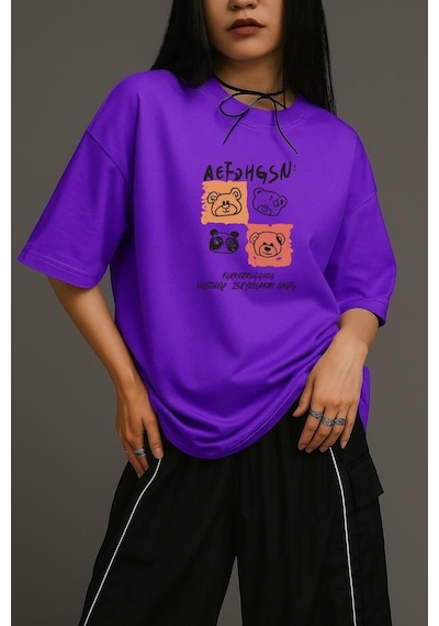 Ayıcık Baskılı Unisex Oversize Tişört Mor