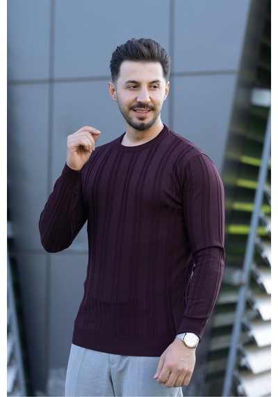 Hk Premium Kazak Fitilli Bisiklet Yaka Slim Fit Triko Bordo