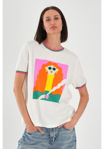 Alexandergardı Yaka Ve Kol Detaylı Baskılı Kadın T-shirt Beyaz