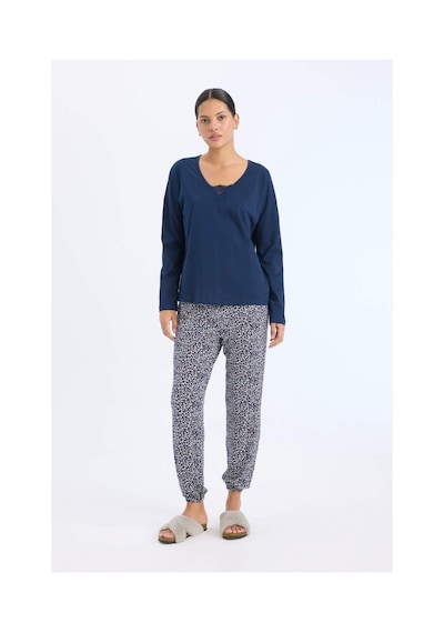 DeFacto Fall in Love Pijama Takımı Uzun Kollu Üst Desenli Uzun Alt E2357AX24WNNV31 Lacivert