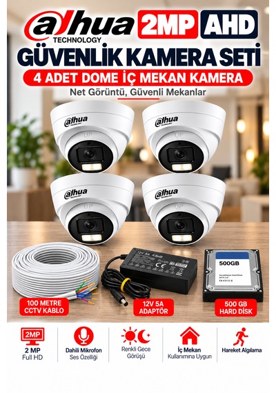 4'lü 2mp Ahd Full Color Renkli Gece Görüş Dome Kamera Seti