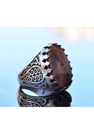 Gerçek Doğal Safir Oval Taş Yüzük - Gümüş Erkek Yüzüğü Gümüş