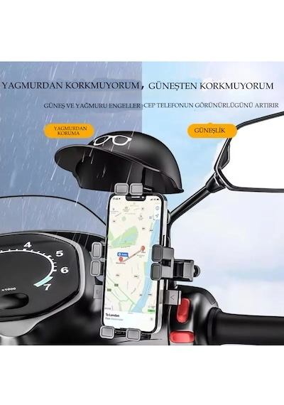 Otomatik Tuşlu Şapkalı Motorsiklet Bisiklet Telefon Tutacağı Ayna Siyah