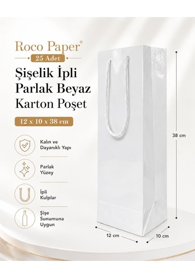 Şişelik İpli Beyaz Karton Poşet, 25 Adet - 12x10x38 Cm, Kalın Yap