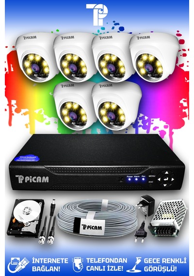 Picam 6 Kameralı Dome 6 İç Kamera Set 100 GB HDD Full HD Renkli Gece Görüşlü Güvenlik Kamerası Sistemi