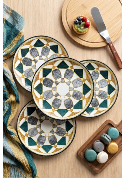 Zarif Geometrik Desenli 6 Adet 20 Cm Pasta Ve Tatlı Tabağı Sunum Tabak Koyu Yeşil