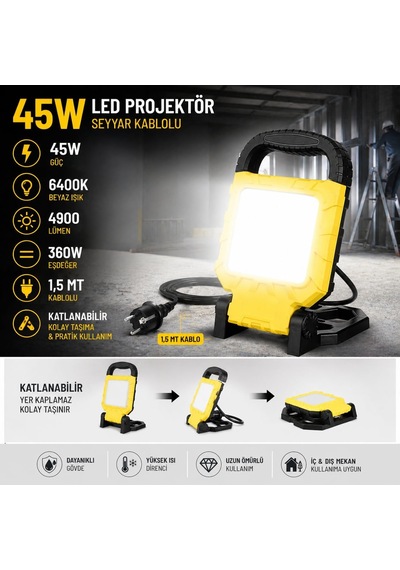 45w Seyyar Led Projektör 6400k Beyaz Işık, 4900 Lümen, 360w Eşdeğer, 1.5 M Kablolu, Katlanabilir Taşınabilir Çalışma Lambası 220v