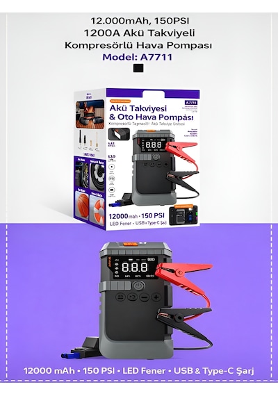 12000mah 12000a 150 Psı Akü Takviyeli Oto Bisiklet Motosiklet Hava Kompresörü Lastik Şişirme Pompası Siyah - Abs+