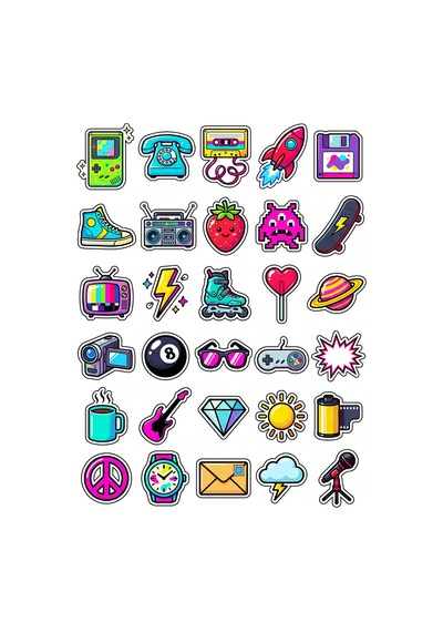 30 Adet Retro 90'lar Nostalji Sticker Seti - Laptop Defter Telefon İçin Özel Kesim Çok Renkli