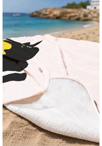 Kedi Figürlü Minimalist Plaj Havlusu - Pudra Siyah Modern Havuz Deniz Hızlı Kuruyan Mikrofiber Havlu Uçuk Tozu