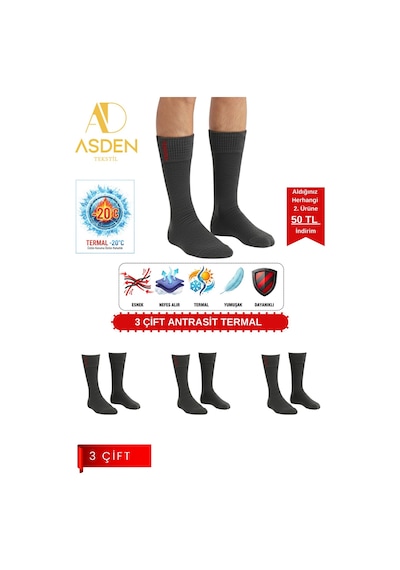 Asden 6 Çift Termal Erkek Çorap Ekstra Kalın Havlu Premium Pamuklu Burun Dikişsiz Kısa Konç Siyah Antrasit3