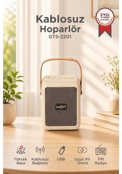 Delux Serisi Bluetooth Speaker Kablosuz Hoparlör Gts-2201 Bej Frekans Yayın Cihaz