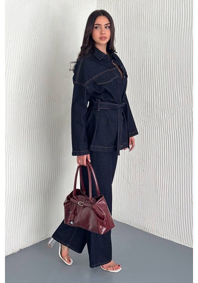 Kadın Kuşaklı Denim Pantolon & Ceket Takımı Modern & Güçlü Siluet Lacivert