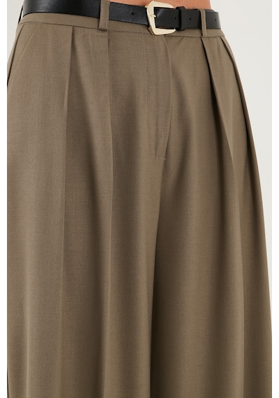 Lela Pileli Wide Leg Yüksek Bel Geniş Paça Kemerli Palazzo Bayan Pantolon 68351070 Karamel