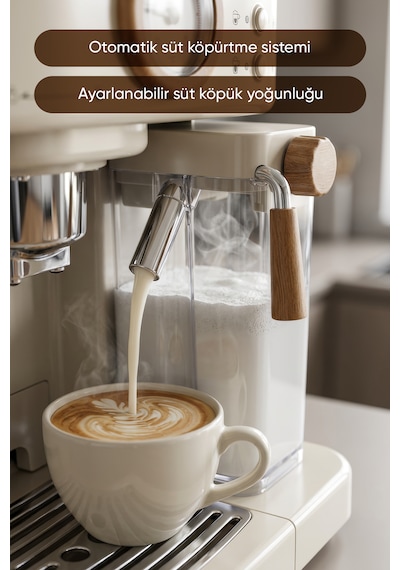Fressi Mavera Ahşap Detaylı Espresso Kahve Makinesi 20 Bar Em-411 Krem