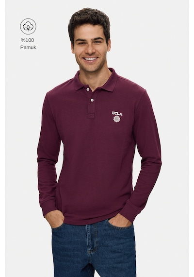 UCLA Maxwell Bordo Polo Yaka %100 Pamuk Baskılı Standard Fit Erkek Sweatshirt