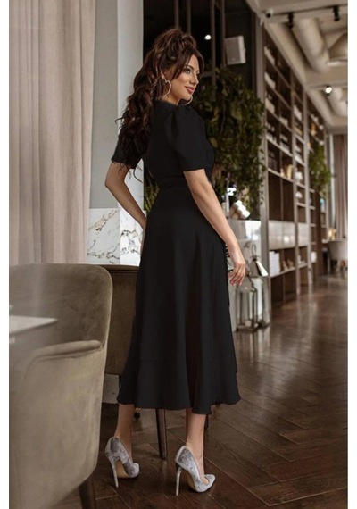 Butik İstanbul Kadın Kruvaze Yaka Midi Boy Kuşaklı Krep Elbise 120 Cm Siyah