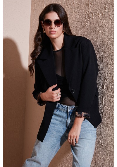 Lela Kruvaze Yaka Desenli Astar Detaylı Blazer Ceket Kadın Ceket 6523001 Siyah