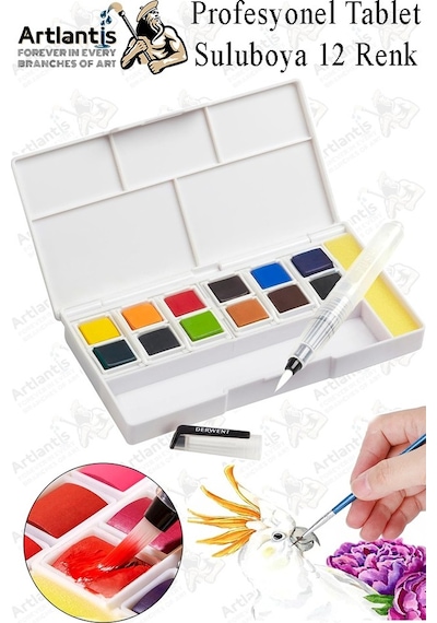 Tablet Sulu Boya 12 Renk Plastik Kutu 1 Paket Monalisa 12 Li Taş Sulu Boya Tablet Suluboya Resim Hobi Sanat Çok Renkli