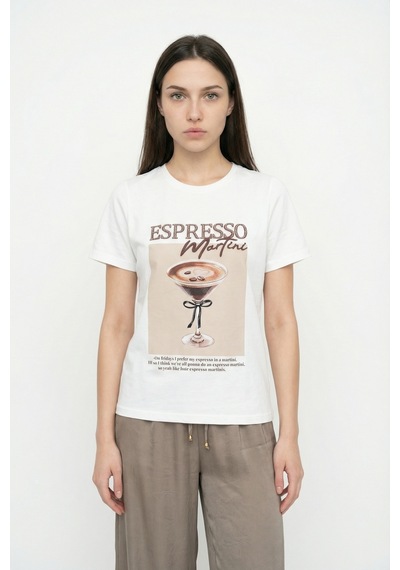 Quzu Espresso Nakışlı Baskılı Oversize Tişört Ekru