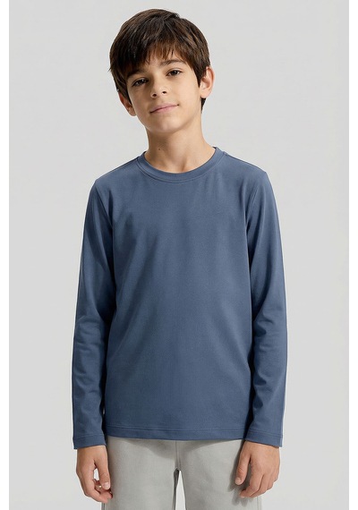 Koyu Mavi O Yaka Standart Fit Basic Uzun Kollu Unisex Çocuk T-shirt - 11329 Koyu Mavi