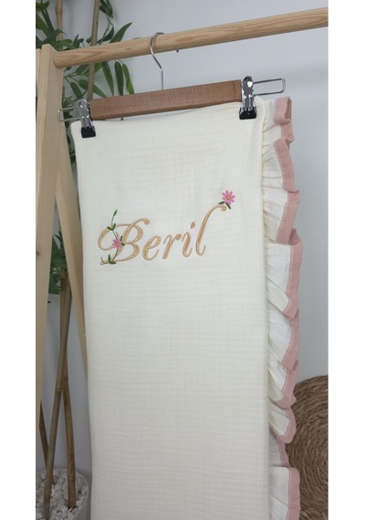 Gros Shop Müslin Yeni Doğan 4katlı Organik %100pamuk Kişiye Özgü Nakışlı Hastane Çıkış Seti Pudra Biyeli-1 Ekru