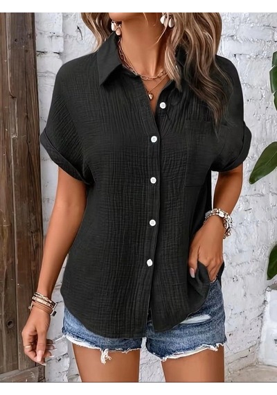 Defymoda Kadın Kısa Kollu Yakalı Önü Düğmeli Müslim Gömlek Siyah