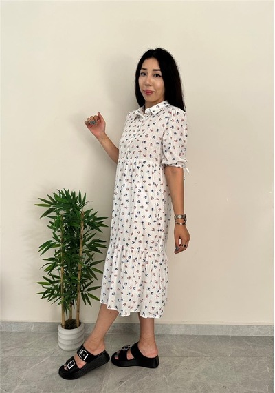 Simli Moda Çiçek Desenli Ekru Elbise Ekru