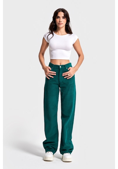 Itsbasic Kadın Petrol Yeşili Doris 29w5-118 Straight Fit Yüksek Bel Kalın Fitilli Velvet Kadife Kumaş Pantolon Yeşil