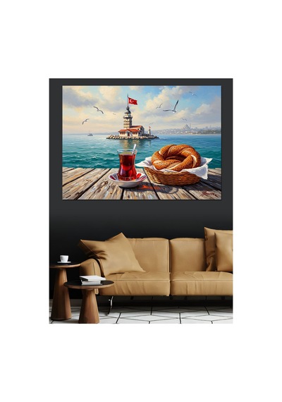İskelede Çay Ve Simit İstanbul Yağlı Boya Dokulu Kanvas Tablo Canvas Tablosu