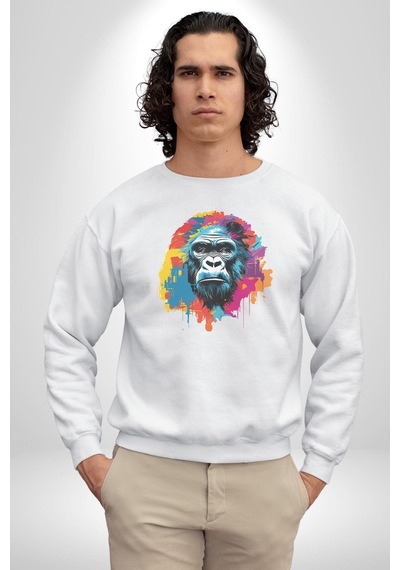 Renkli Maymun Goril Unisex Beyaz Baskılı Sweatshirt Beyaz