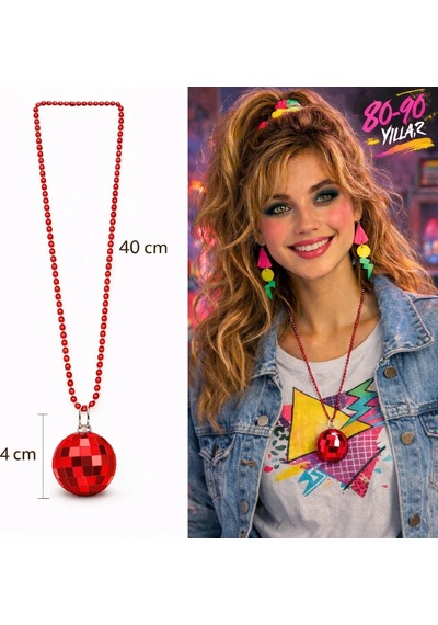 Retro Disko Topu Şekilli 8039ler 9039lar Kırmızı Renk Plastik Kolye "