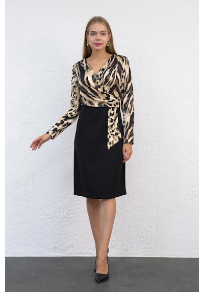 Livanomi Üstü Leopar Desen Elbise-siyah