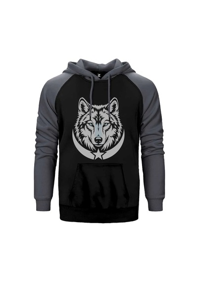 Gri Gerçekçi Kurt Başı Ve Hilal Baskılı Kırmızı Renk Reglan Kol Sweatshirt / Hoodie
