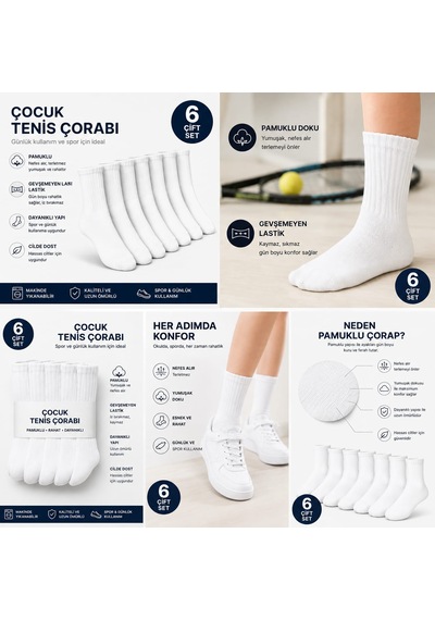 Km Collections Çocuk Tenis Çorabı 6 Çift Pamuklu Beyaz