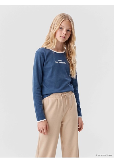 LC Waikiki Lcw Kids Lacivert Bisiklet Yaka Baskılı Uzun Kollu Kız Çocuk Tişört Navy