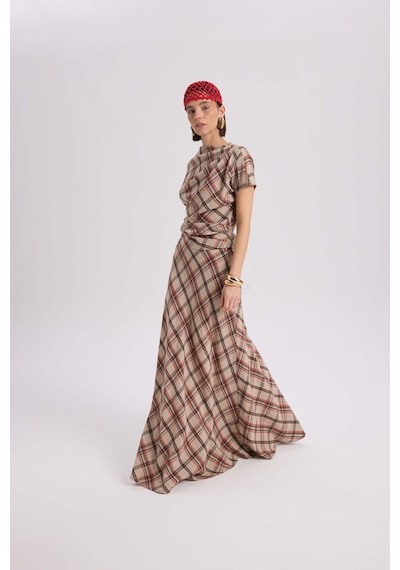 Mai Collection Petunya Ekoseli Turuncu Crop Etek Takım Turuncu