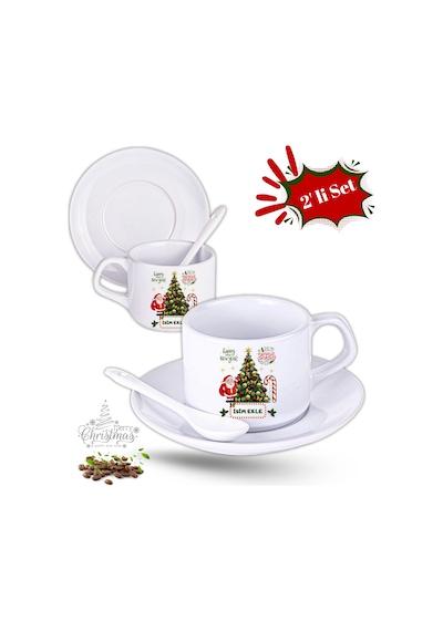 Yılbaşı Hediyesi Noel Ağacı Baskılı 2li Set İsimli Porselen Çay Kahve Fincan Seti Beyaz