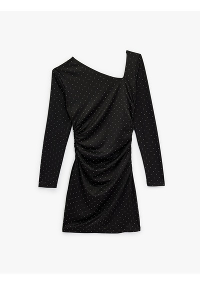 Koton Uzun Kollu Asimetrik Yaka Slim Fit Bodycon Taşlı Mini Abiye Elbise Siyah 6wak80066fk Siyah