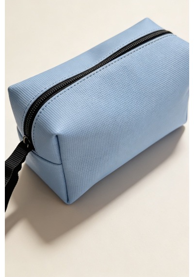Vellamour Mavi Deri Görünümlü Fermuarlı Makyaj Ve Kozmetik Düzenleyici Çanta Açık Mavi