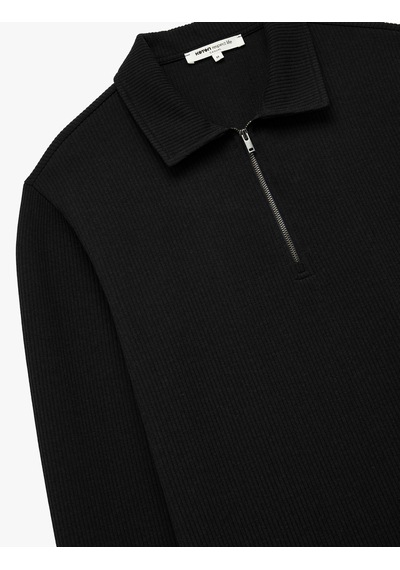 Koton Uzun Kollu Yarım Fermuarlı Polo Yaka Sweatshirt Siyah 7wam70010mk