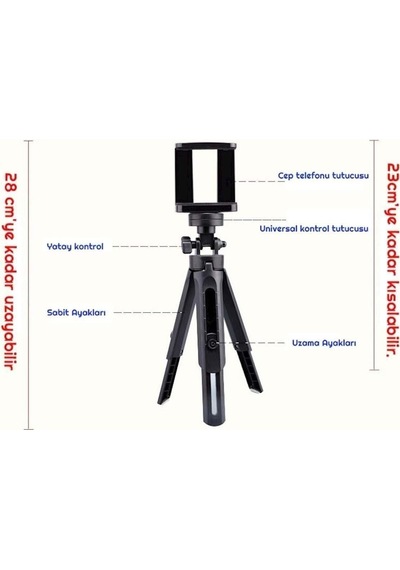 Taşınabilir Portatif Aksiyon Kamera Telefon Yükseklik Yön Ayarlı Mini Tripod 28 Cm Siyah Diğer