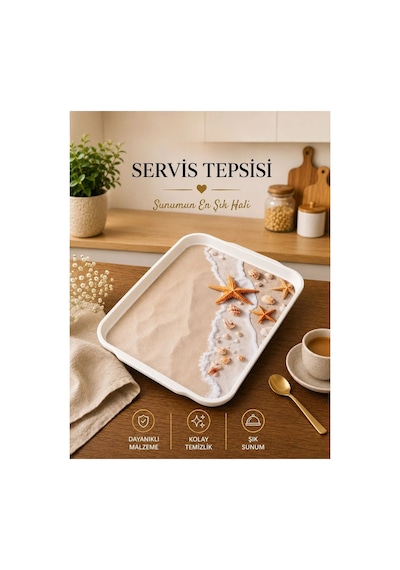 Galeriyo Deniz Sahil Desenli Orta Boy Servis Tepsisi