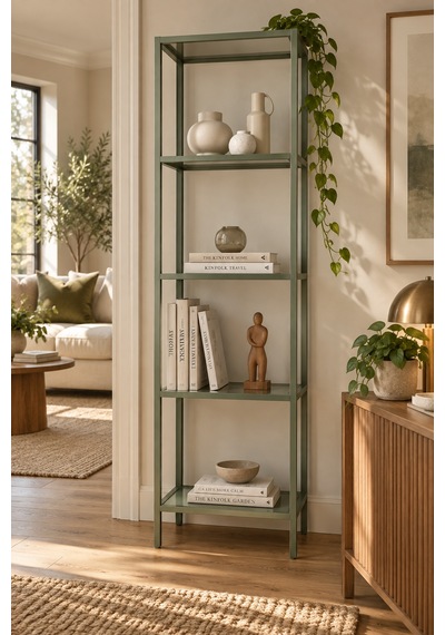 Teknor Yeşil Çerçeveli Şeffaf Cam Modern Salon Kitaplığı 40 Cm