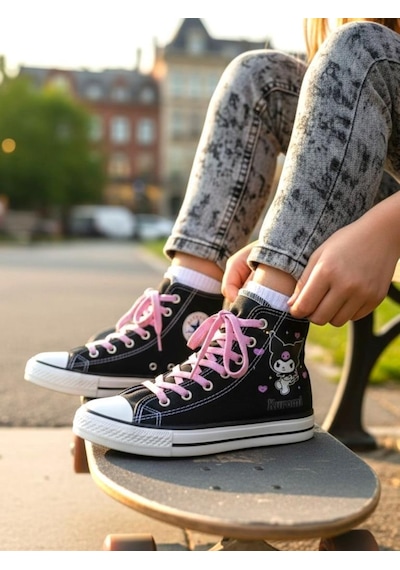 Kız Çocuk Kromi&melody Baskılı Siyah Bilekli Keten Spor Ayakkabı Sneaker Siyah/pembe