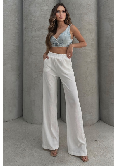 Lesa Wear Yumuşacık Yüksel Bel Geniş Paça Likralı Jarse Pantolon Flared Beyaz