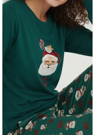 Luxury Thermal Noel Baba Desenli Kadın Polar Kışlık Pijama Takımı 42060 Yeşil