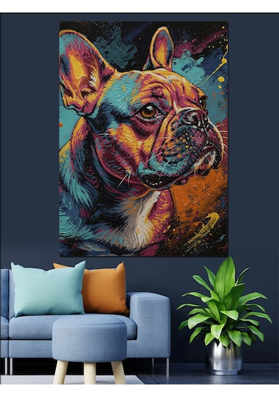 Ahşap Tablo Renkli Fransız Bulldog Portresi